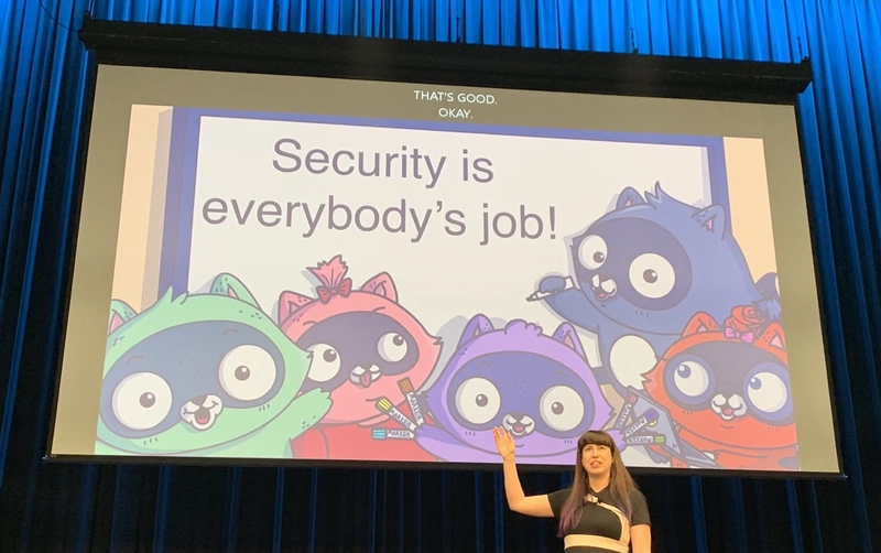 Tanya Janca（又名 SheHacksPurple）于 2019 年在澳大利亚悉尼展示她的创意。插图由才华横溢的 Ashley Willis 绘制。