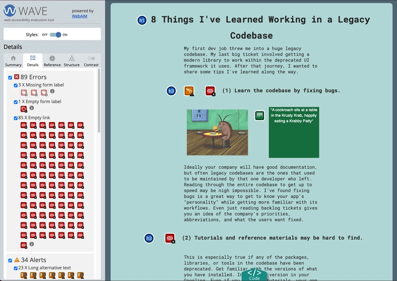 abbeyperini.dev 上的完整博客页面的屏幕截图,其中 WAVE 辅助功能扩展处于活动状态