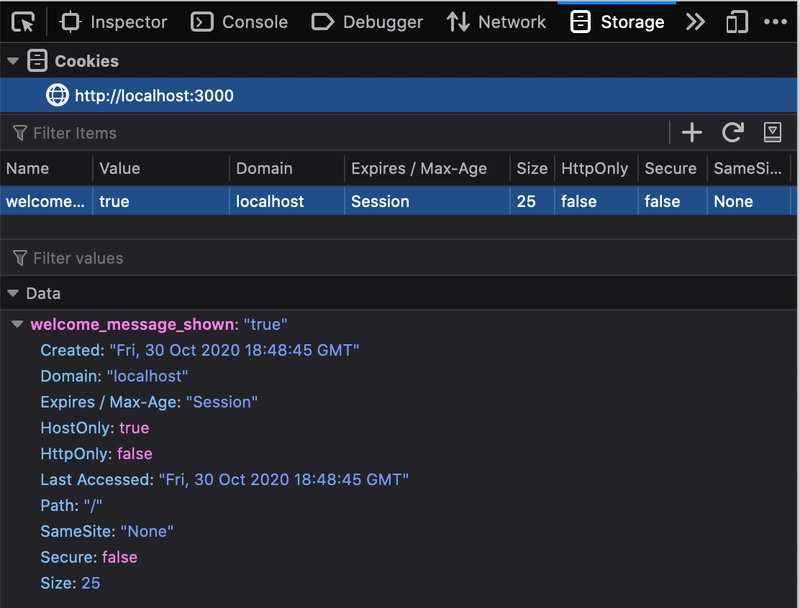 使用浏览器的开发者工具检查 cookie 的值
