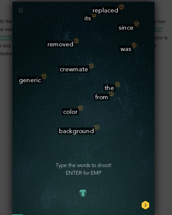 宇宙飞船向文字射击。