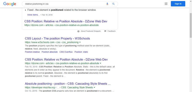 Google.com 上关于 CSS 定位的搜索结果