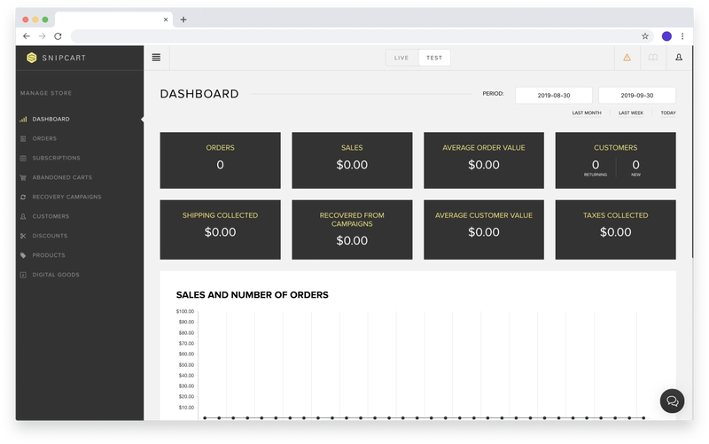创建 Snipcart 帐户后，您将进入商店的控制面板。
