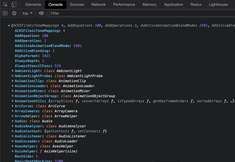 console.log(THREE) 的屏幕截图