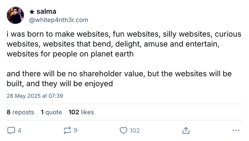 我生来就是为了做网站，有趣的网站，滑稽的网站，奇特的网站，那些能让人眼前一亮、愉悦、开心、娱乐的网站，为地球上的人们服务的网站。这些网站不会带来任何股东价值，但它们会被建造出来，并被人们享受。