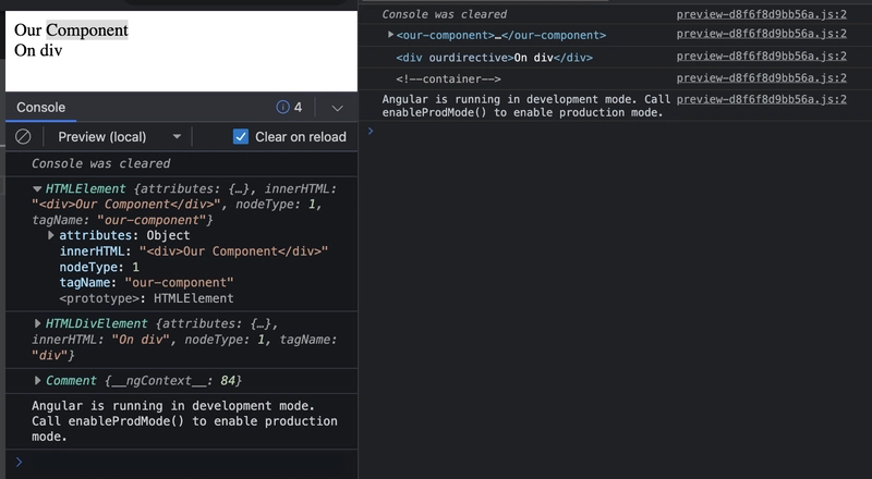 来自 Stackblitz 的屏幕截图，显示了我们指令记录的自定义 HTMLElement、HTMLDivElement 和 Comment。
