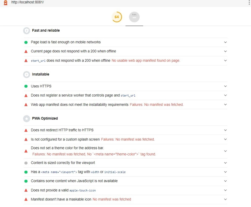 在我的网页上应用 PWA 插件之前，PWA 报告会显示相关信息。