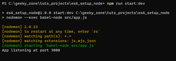 终端显示 Node.js 服务器正在运行
