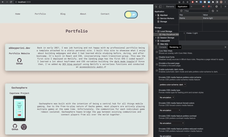 浅色模式下 chrome DevTools 和 abbeyperini.dev 的屏幕截图