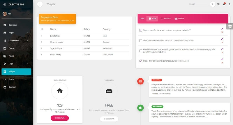 全栈 React Material 控制面板 - 小部件页面。