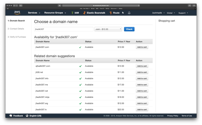 在 AWS 上注册域名。