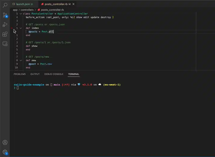 将调试器连接到 Rails 服务器