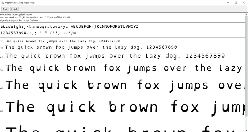 Windows字体查看器中的OpenDyslexic Mono字体