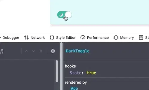 点击切换按钮会导致 React 开发工具中显示的状态在“true”和“false”之间切换。