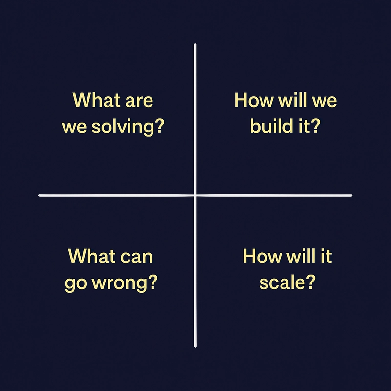 一个名为“权衡象限”的 2x2 象限图,包含四个标有标签的方框:“我们要解决什么问题?”、“我们将如何构建它?”、“可能会出现什么问题?”和“它将如何扩展?”。用于构建前端系统设计思维。