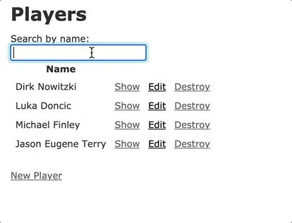 一段屏幕录像，显示用户输入关键词搜索达拉斯小牛队篮球运动员列表。随着用户输入，球员列表自动更新。