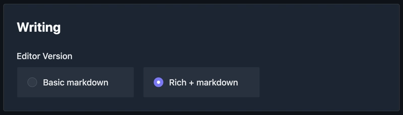 Dev.to 设置用于在可用编辑器之间进行选择：基本 Markdown 和 Rich+ Markdown。