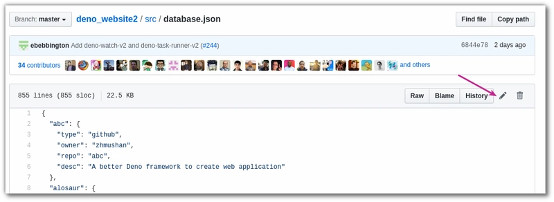 在 Deno 网站仓库中编辑 database.json 文件