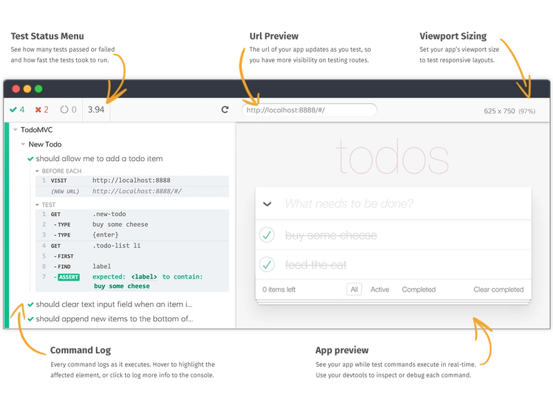 [命令日志 UI](https://docs.cypress.io/guides/core-concepts/test-runner.html)（左侧）与您的前端应用程序（右侧）一起运行。