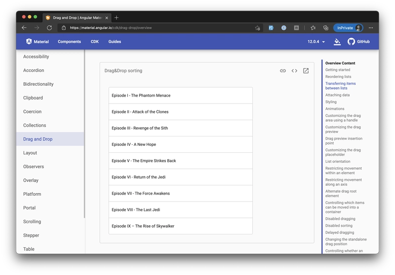 Angular CDK 文档页面的屏幕截图