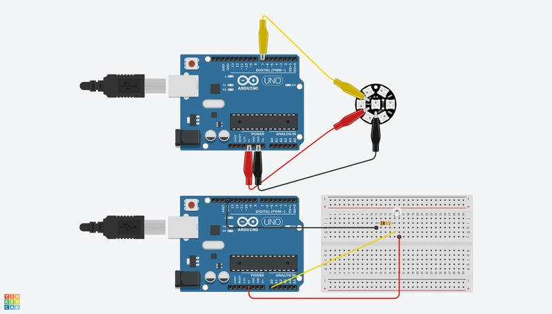 示意图显示了两个 Arduino 的设置方式
