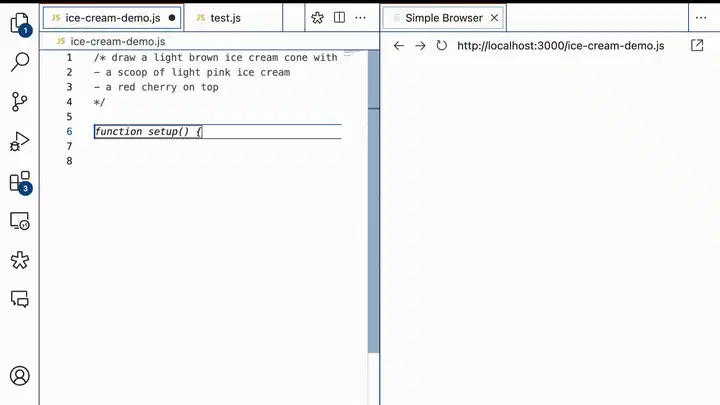 GIF 动画中，GitHub Copilot 尝试生成一个带有冰淇淋勺的冰淇淋甜筒，但冰淇淋甜筒的方向却错了。