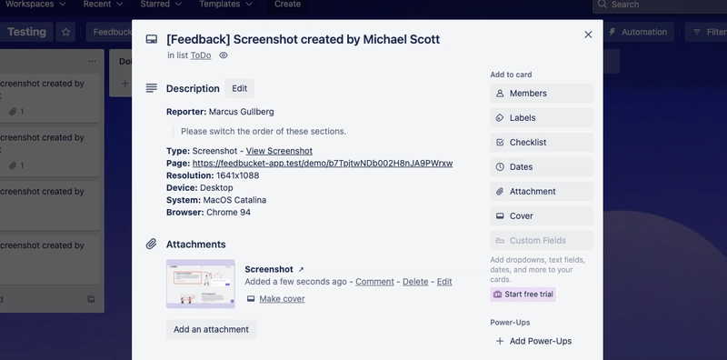已在 Trello 中自动创建卡片，并附上屏幕截图。
