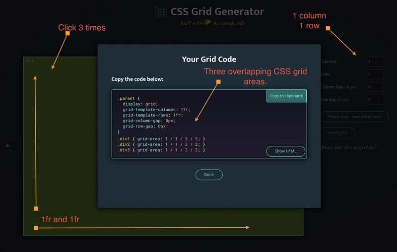 一个包含三个重叠网格区域的 CSS Grid 定义