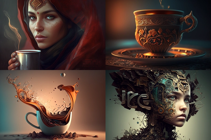 4. 图像生成：第一张图像是一位戴着头巾的女子，手里拿着一个冒着热气的杯子；第二张图像是一个装饰华丽的茶杯；第三张图像是一个侧面缺失的咖啡杯，露出巨大的泼溅和波浪状的色彩；第四张图像是一位年轻女孩的脸，她的后脑勺上缠绕着巨大的齿轮、齿轮组和工业零件，看起来像一个头饰。