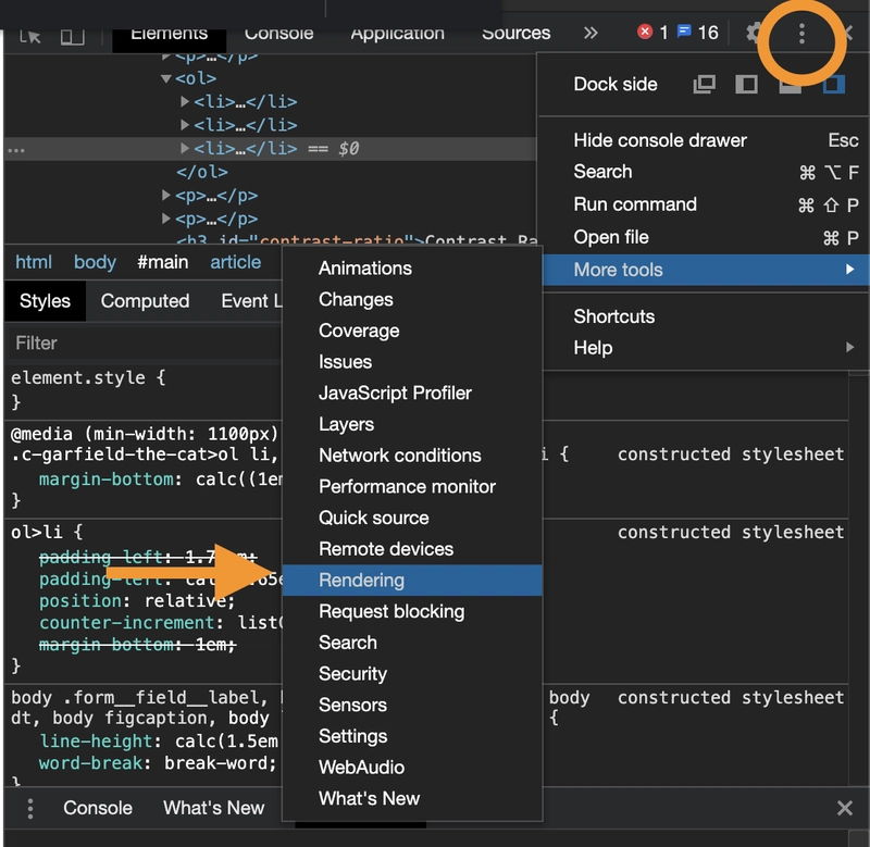 Chrome 开发工具，渲染选项卡