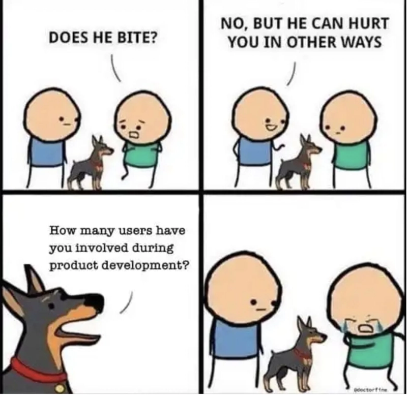 两个人带着一只小狗。其中一个人问