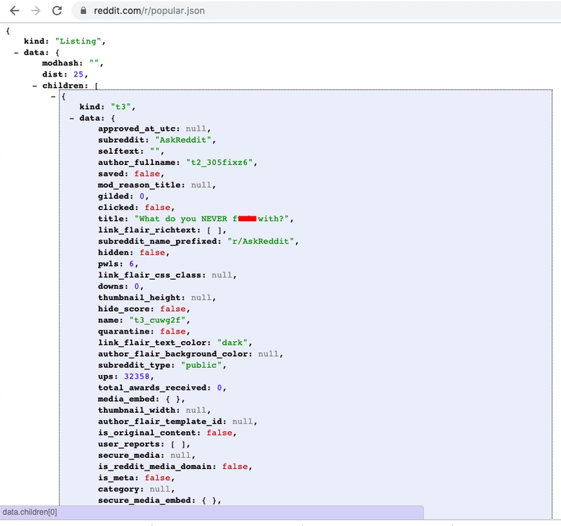 从 Reddit 的 /r/popular 版块整理的 JSON 数据