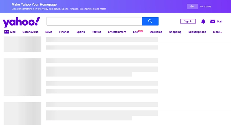 雅虎主页的部分页面已禁用 JavaScript，显示部分页面元素的骨架结构
