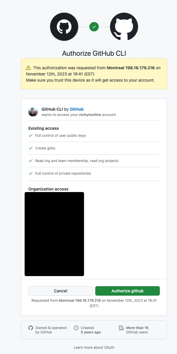 github.com 上的 GitHub CLI 授权屏幕