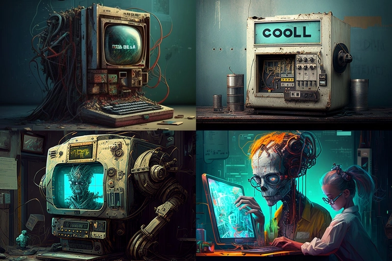 4幅图像生成，其中2幅是看起来像老式/蒸汽朋克电脑的脏兮兮的机器，一幅有手臂，屏幕上显示着一幅图像，看起来像……
