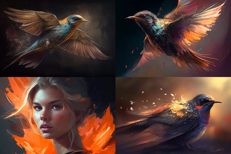 4幅图像生成图，其中3幅是短翼鸟，喙长适中，面部周围有明显的橙红色。第四幅是一位金发年轻女子，背景是明亮的橙色图案，形似大叶子或大花瓣。