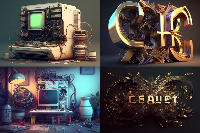 4. 图像生成，第一张图是一台老式电脑，风格接近蒸汽朋克；第二张图是一些看起来像字母的奇怪形状。
