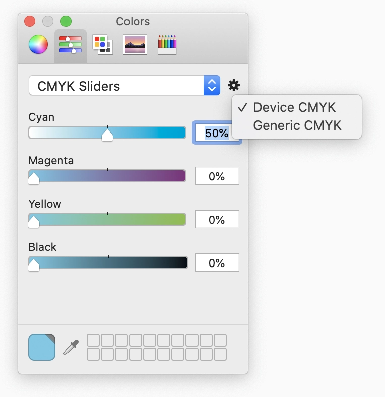 Mac 上的 CMYK 颜色选择器