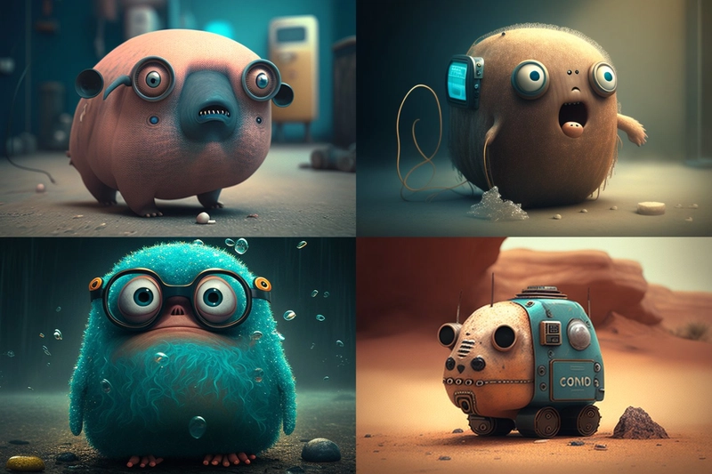 4幅图像生成作品中，3幅是外形奇特的毛茸茸生物的3D渲染图，它们戴着眼镜或护目镜。这些生物的肤色呈深褐色，并带有明显的蓝绿色。第四幅图像看起来像一个外星送货机器人，带有轮子，颜色为奶油色和蓝绿色。