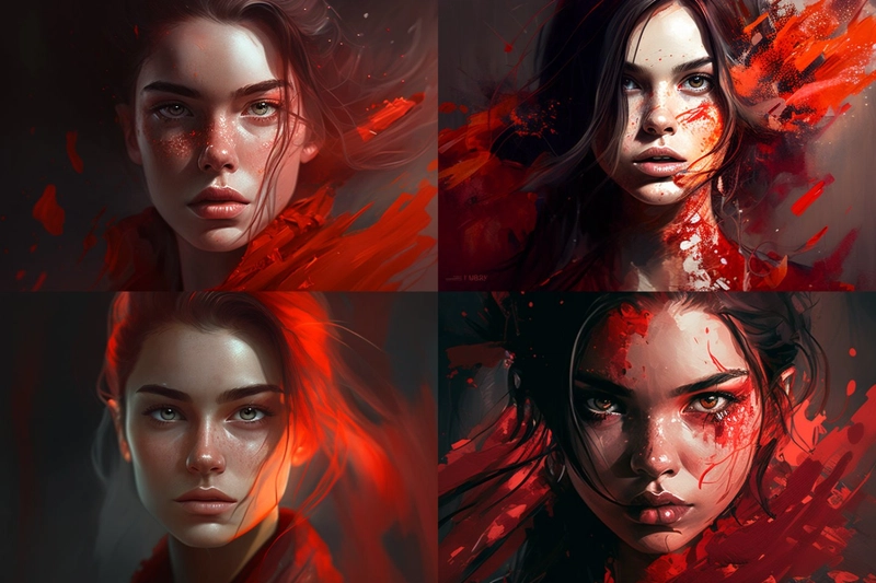 生成的4张图片，全部都是一位五官引人注目的年轻女性。每张图片上都有浓重的红色泼溅效果。
