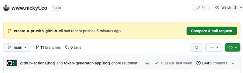 GitHub 上的仓库主页，包含一个号召性用语，引导用户从已推送到 GitHub 的分支创建拉取请求。