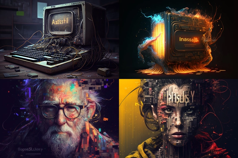 4. 图像生成，第一张图是一台老旧的电脑，电线到处乱垂，小屏幕上显示着一些文字。