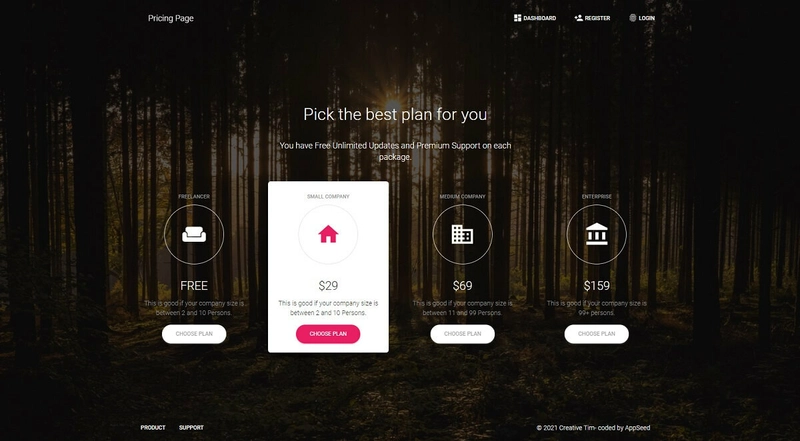 全栈 React Material 控制面板 - 定价卡片页面。