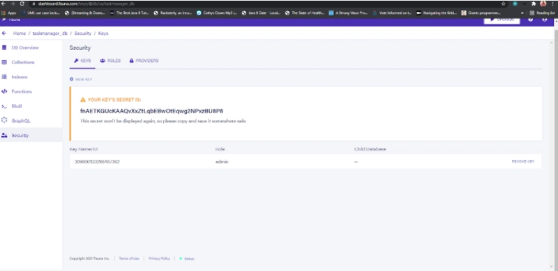 该图显示了 Fauna API 密钥生成