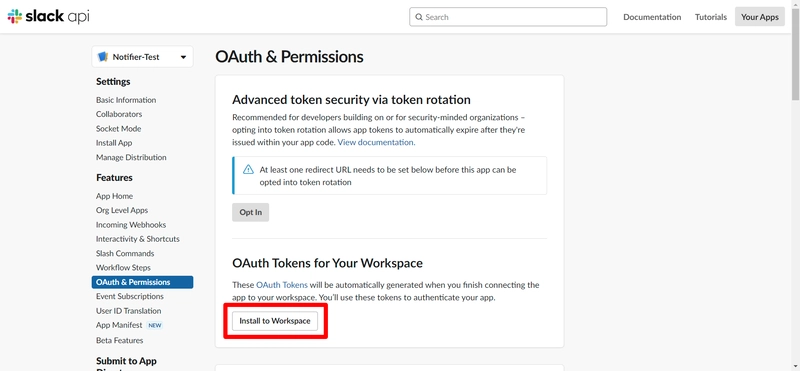 使用 OAuth 令牌安装 Slack 应用