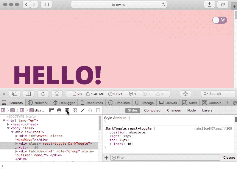 屏幕录像显示,在 Safari 开发者工具的“元素”面板中,点击了“深色模式”切换按钮。