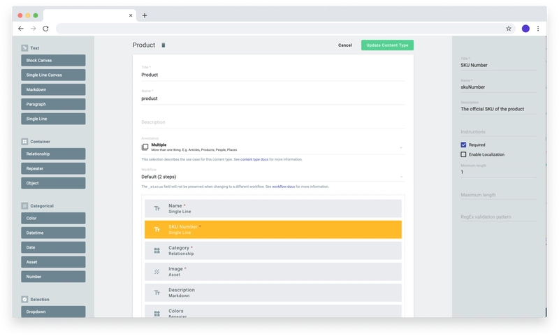 在 TakeShape 中添加 SKU 字段非常简单，只需拖动即可。