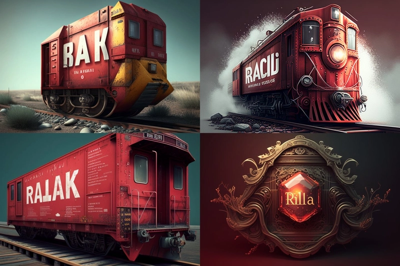 生成了多张图像，其中三张是红色火车，一张是中间镶嵌着红色宝石的金色徽章。