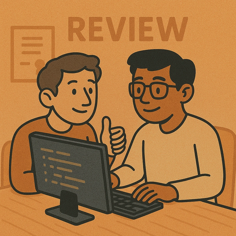 AI 生成的两个开发人员的图像（一个开发人员正在为另一个开发人员审查代码）