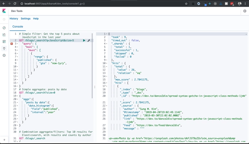 结果:Elastic Stack 使用开发博客数据运行 包含开发者博客数据的 Elastic Stack 屏幕截图