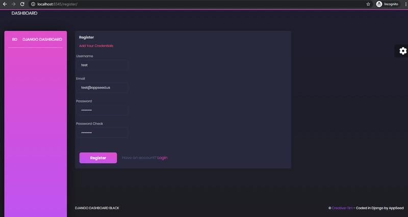 Django Dashboard Black - 开源管理面板注册屏幕。